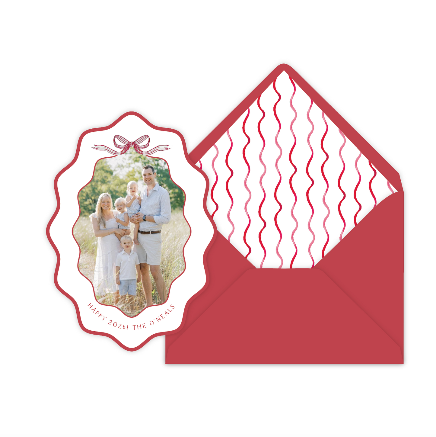 Striped Bow Wiggle Oval Holiday Card