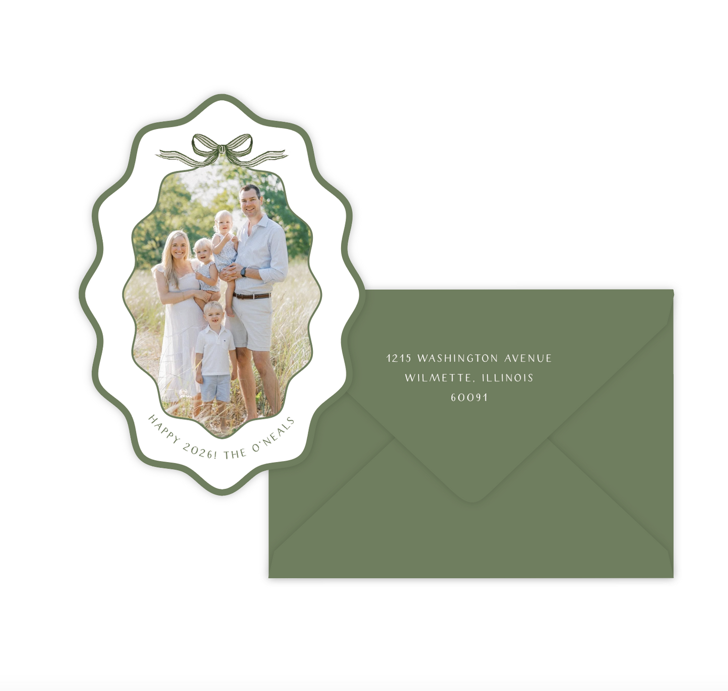 Striped Bow Wiggle Oval Holiday Card
